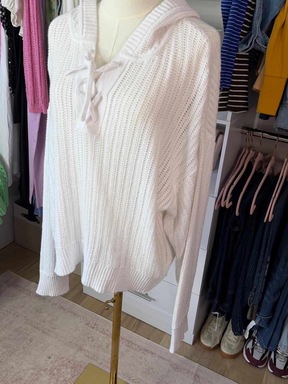 Time and Tru White Knit Hooded Lace-Up Sweater